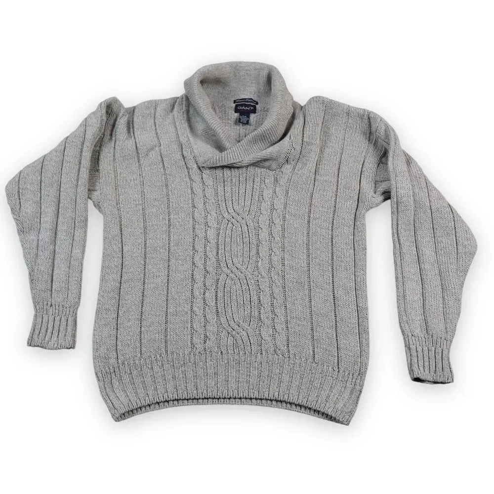 GANT‎ Hand Framed Sweater Heavy Cotton Medium Gray Shawl Collar Fisherman Cable